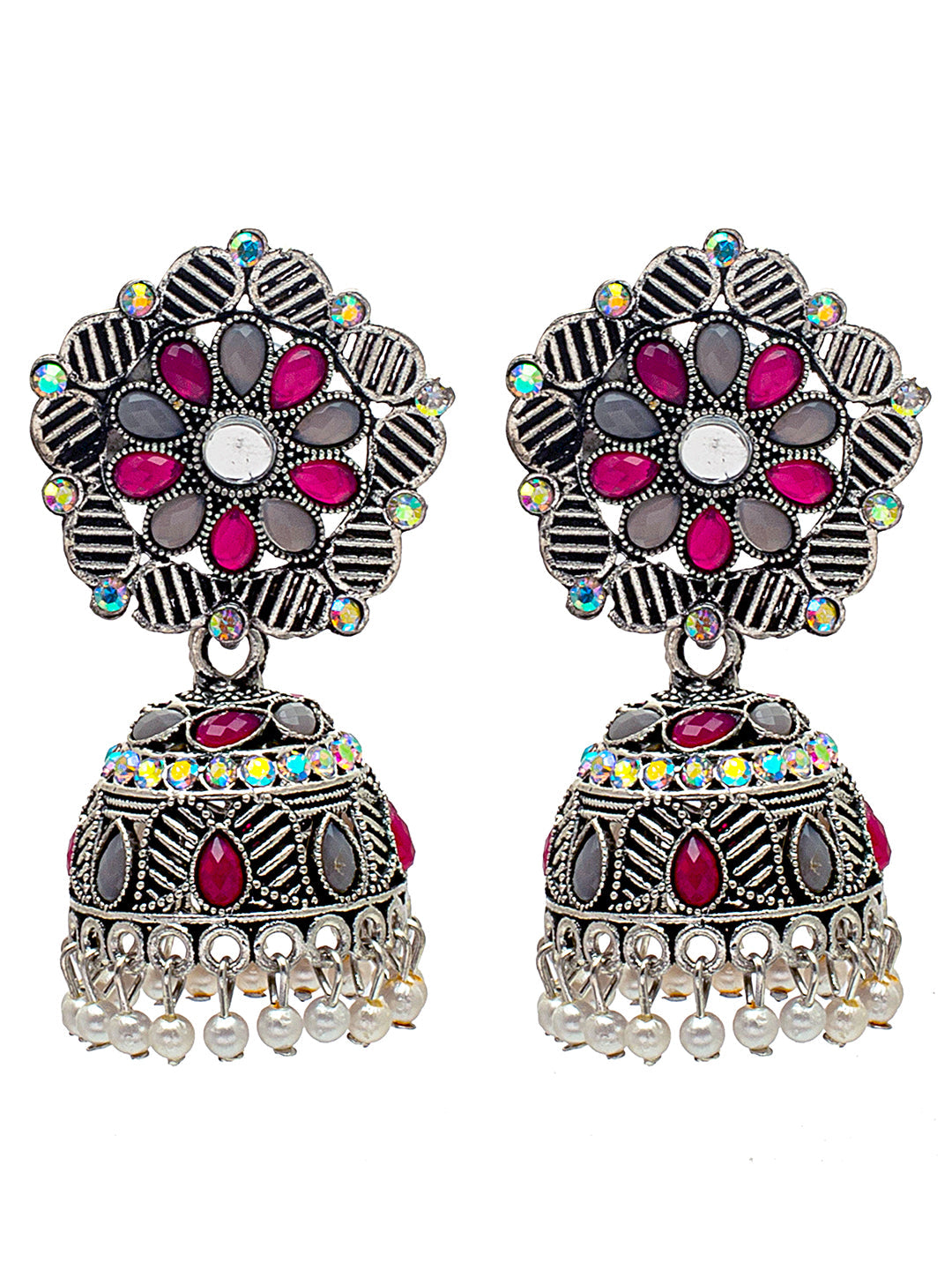 Shining Jewel Traditional Indian Antique Silver Plated Oxidised Jhumka With CZ & Pearls Earrings for Women (SJE_24_PG)