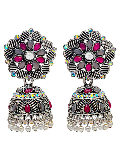 Shining Jewel Traditional Indian Antique Silver Plated Oxidised Jhumka With CZ & Pearls Earrings for Women (SJE_24_PG)
