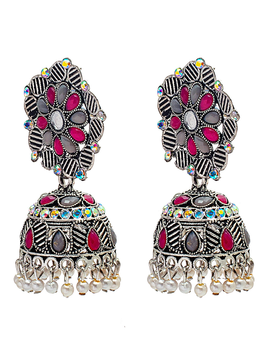 Shining Jewel Traditional Indian Antique Silver Plated Oxidised Jhumka With CZ & Pearls Earrings for Women (SJE_24_PG)