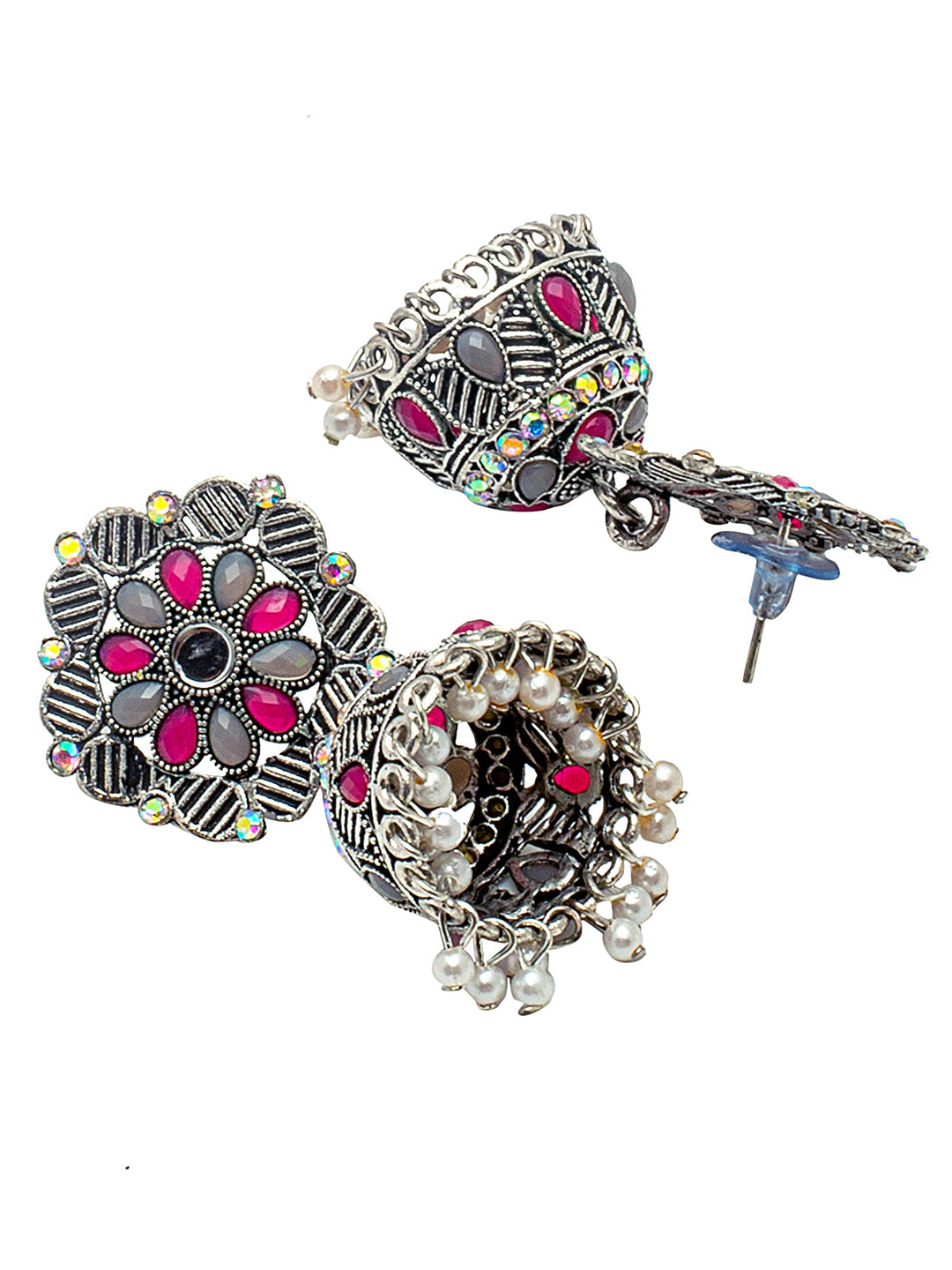 Shining Jewel Traditional Indian Antique Silver Plated Oxidised Jhumka With CZ & Pearls Earrings for Women (SJE_24_PG)