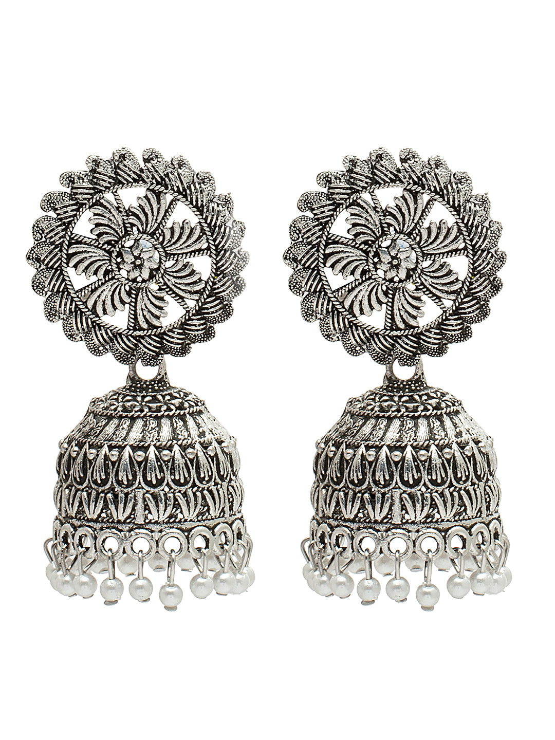 Shining Jewel Traditional Indian Antique Silver Plated Oxidised Traditional Jhumka With CZ & Pearls Earrings for Women (SJE_25)