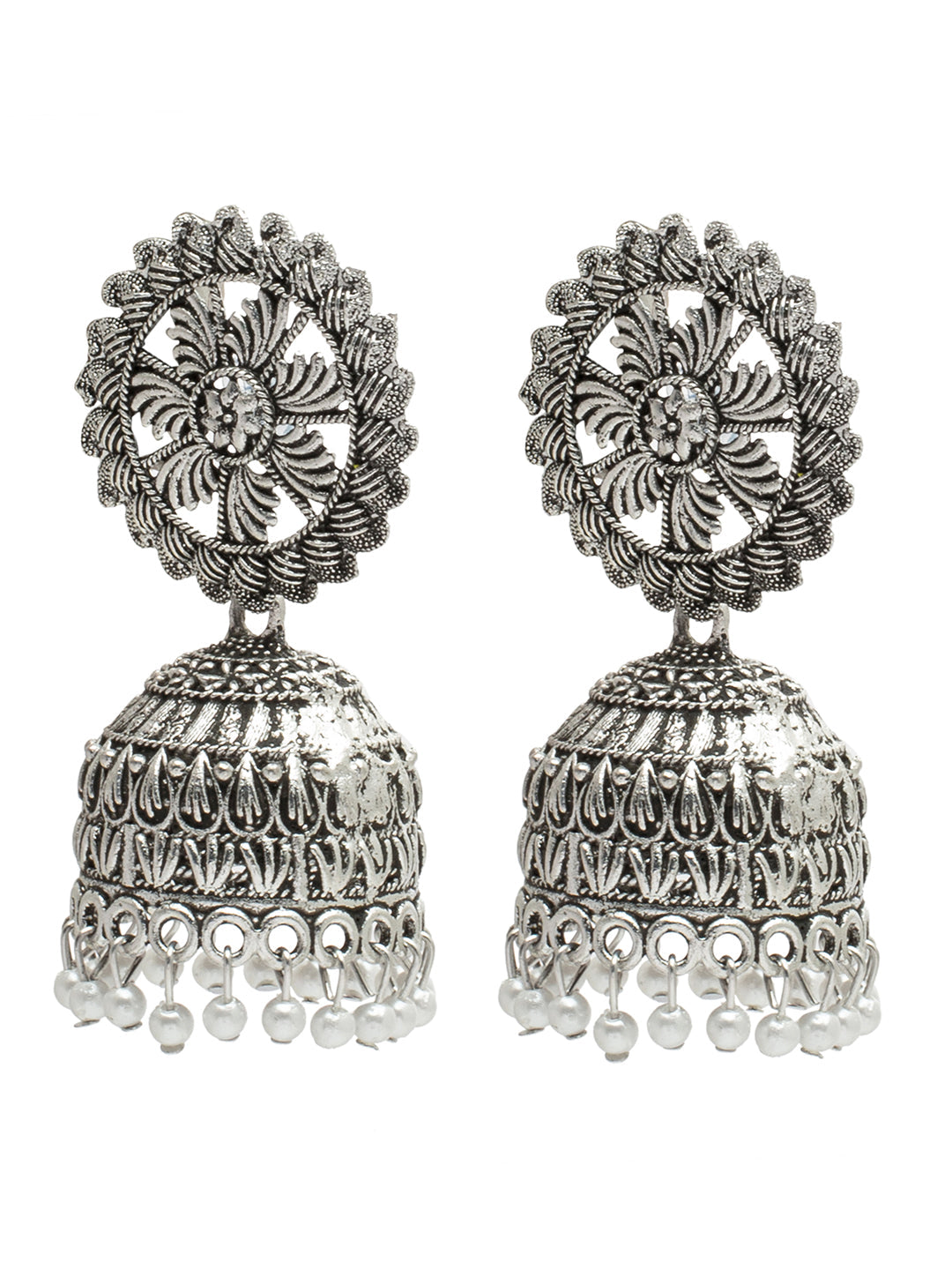 Shining Jewel Traditional Indian Antique Silver Plated Oxidised Traditional Jhumka With CZ & Pearls Earrings for Women (SJE_25)