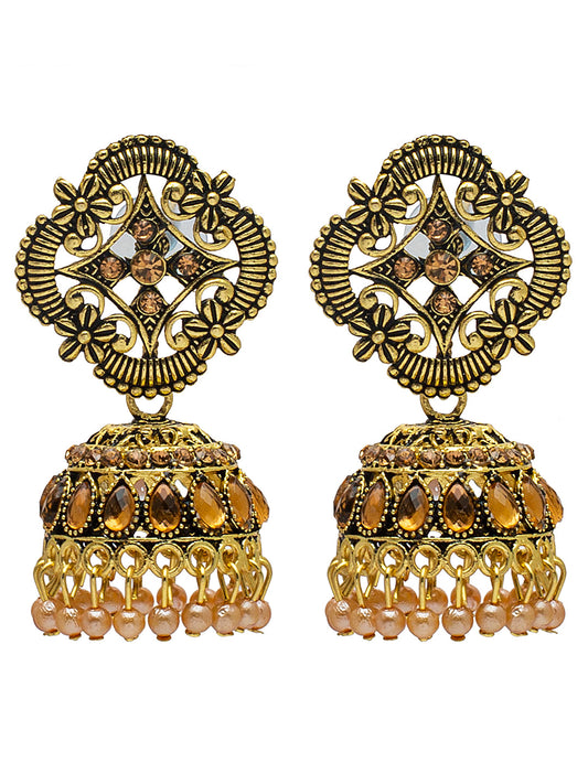 Shining Jewel Antique Gold Plated Traditional Jhumka With AD, CZ, LCT Crystal & Pearls Earrings for Women (SJE_26)