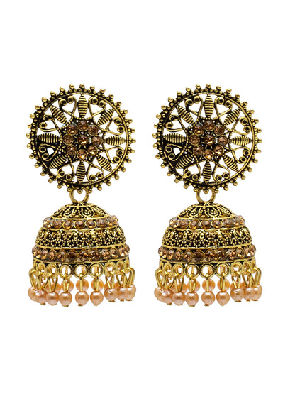 Shining Jewel Antique Gold Plated Traditional Jhumka With AD, CZ, LCT Crystal & Pearls Earrings for Women (SJE_27)