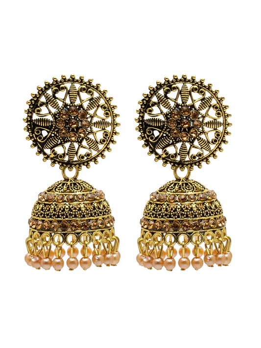 Shining Jewel Antique Gold Plated Traditional Jhumka With AD, CZ, LCT Crystal & Pearls Earrings for Women (SJE_27)