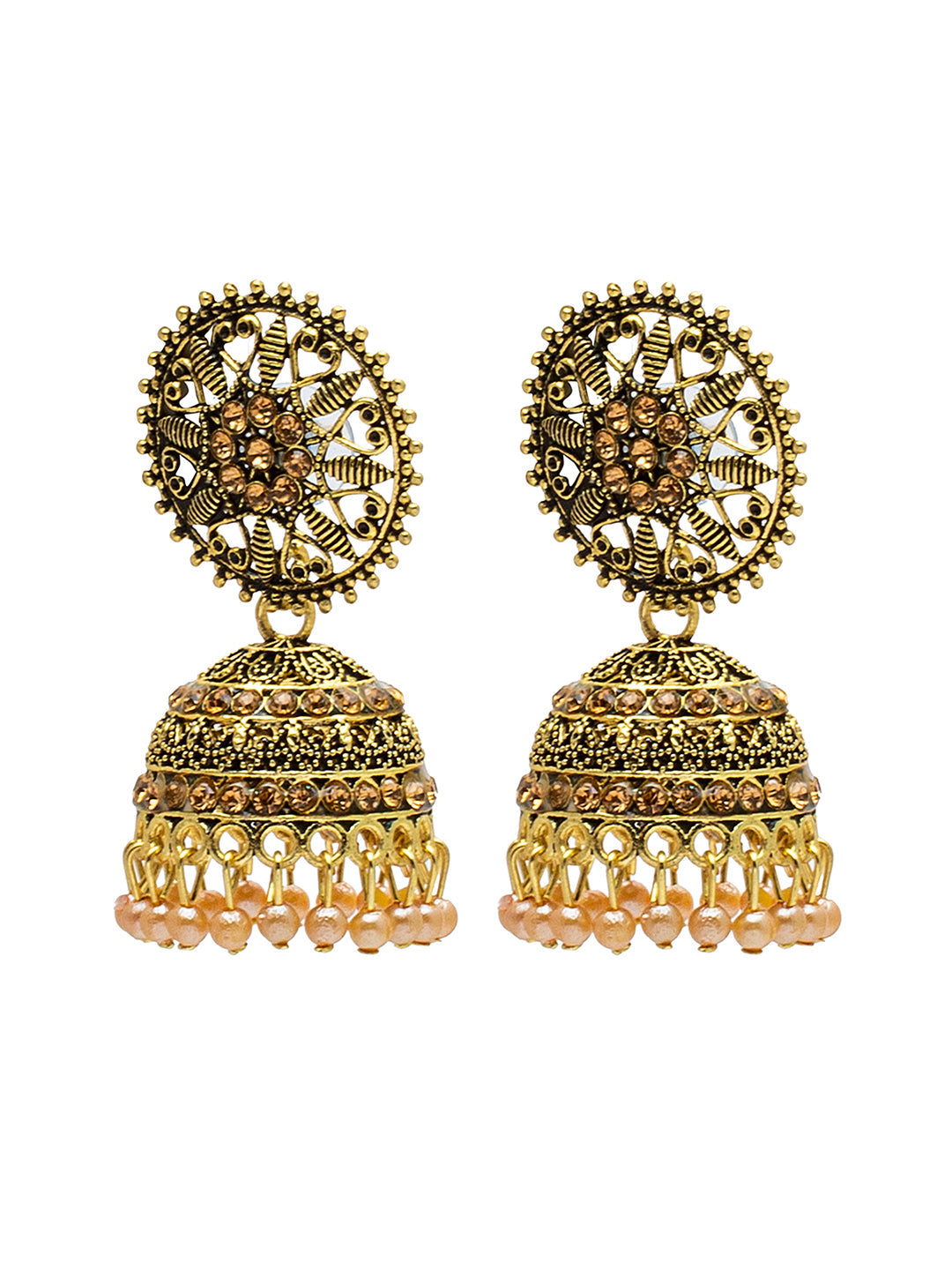 Shining Jewel Antique Gold Plated Traditional Jhumka With AD, CZ, LCT Crystal & Pearls Earrings for Women (SJE_27)