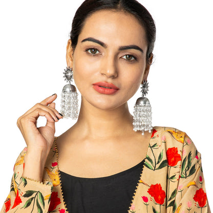 Shining Jewel Antique Silver Oxidised Medium Size Jhumka Earrings For Women & Girls (SJE_35)