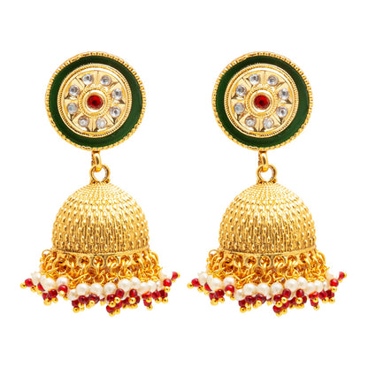 Gold Plated Designer Traditional Ethnic Meenakari Kundan, Cluster Pearls Jhumka Earrings Women (SJE_38_1)