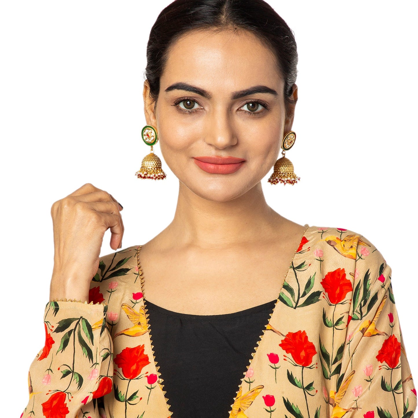 Gold Plated Designer Traditional Ethnic Meenakari Kundan, Cluster Pearls Jhumka Earrings Women (SJE_38_1)