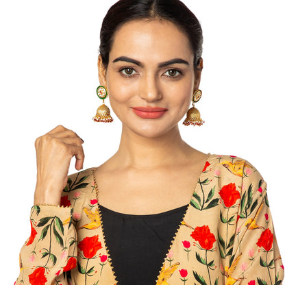 Gold Plated Designer Traditional Ethnic Meenakari Kundan, Cluster Pearls Jhumka Earrings Women (SJE_38_1)
