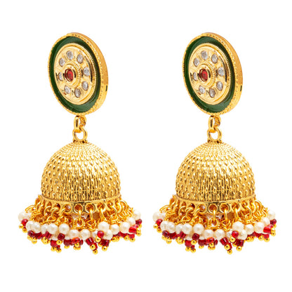 Gold Plated Designer Traditional Ethnic Meenakari Kundan, Cluster Pearls Jhumka Earrings Women (SJE_38_1)