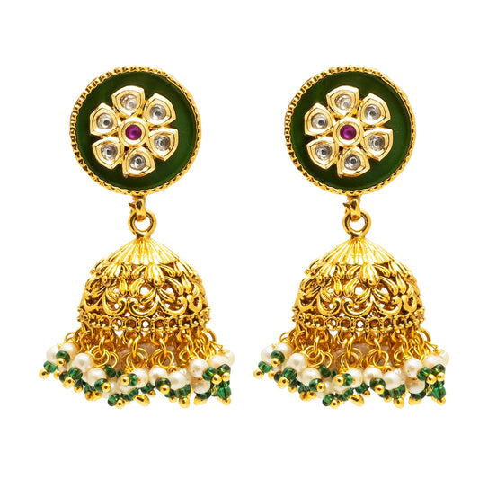 Gold Plated Designer Traditional Ethnic Meenakari Kundan, Cluster Pearls Jhumka Earrings Women (SJE_38_3)