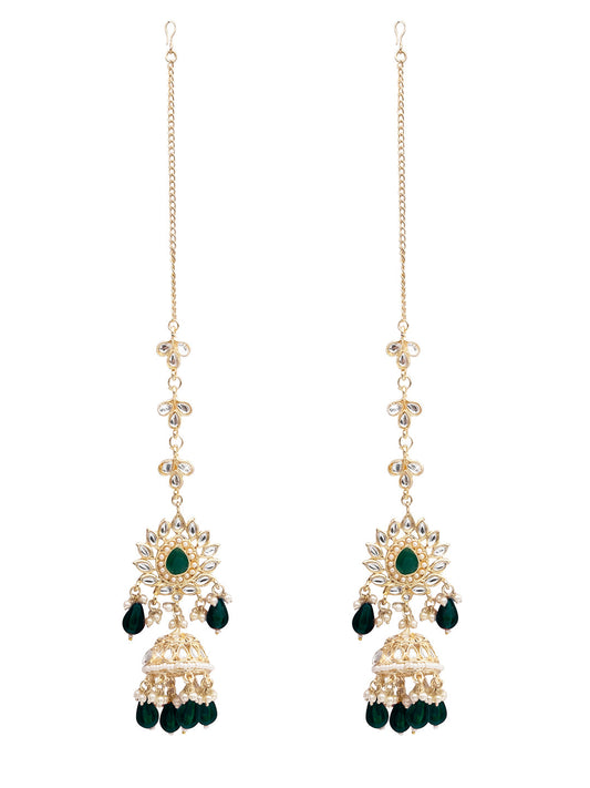 Handcrafted Gold Plated Design Traditional Ethnic Kundan,CZ, Pearl Studded Dark Green Meenakari Jhumka Earrings with Ear Chain for Women (SJE_44_DG)