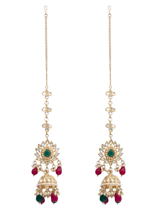 Handcrafted Gold Plated Design Traditional Ethnic Kundan,CZ, Pearl Studded Dark Pink Meenakari Jhumka Earrings with Ear Chain for Women (SJE_44_DP)