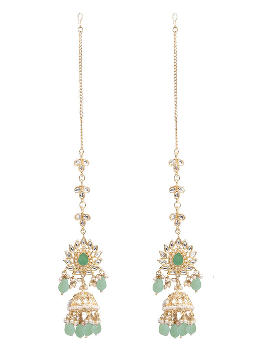 Handcrafted Gold Plated Design Traditional Ethnic Kundan,CZ, Pearl Studded Light Green Meenakari Jhumka Earrings with Ear Chain for Women (SJE_44_LG)