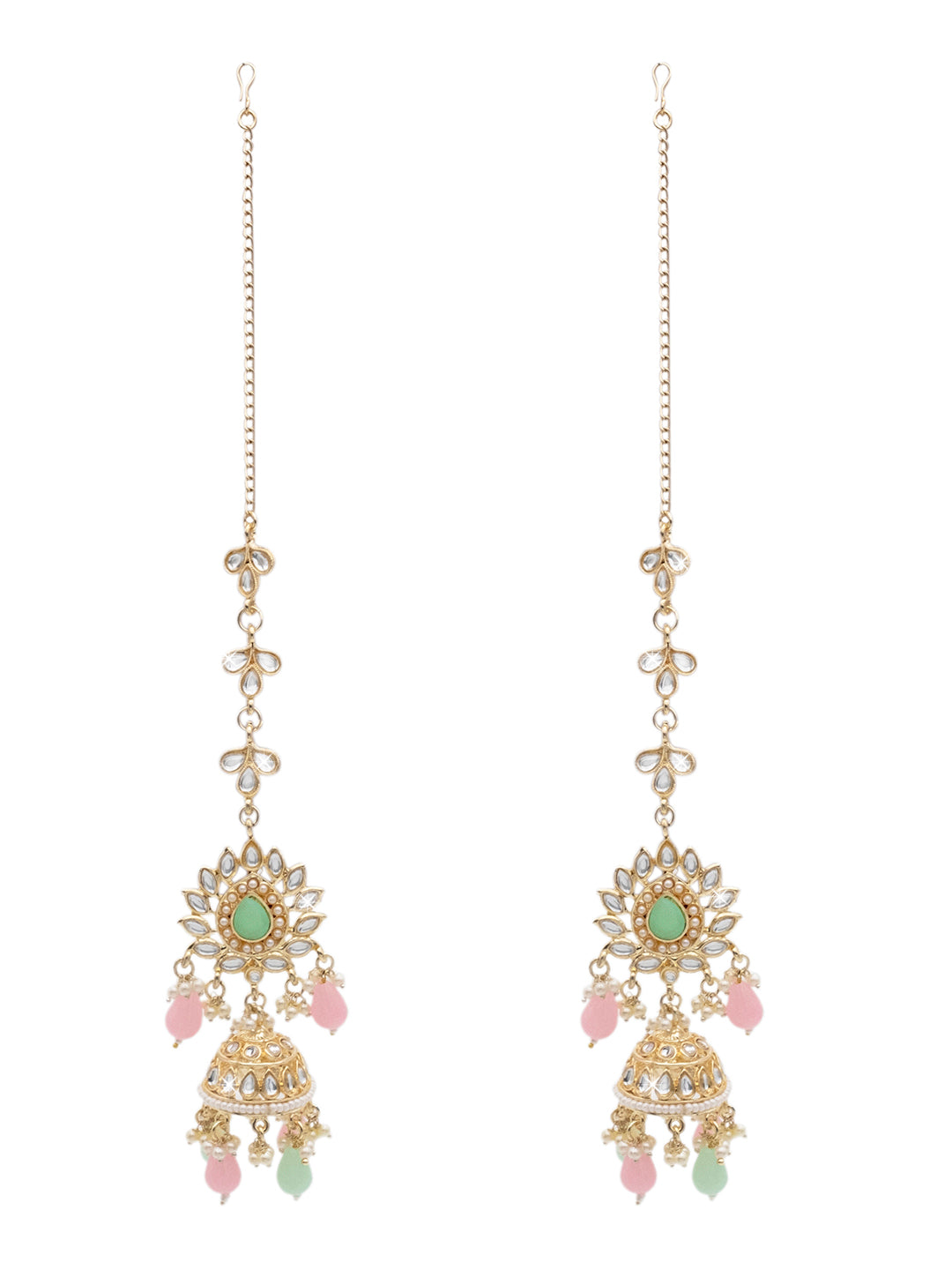 Handcrafted Gold Plated Design Traditional Ethnic Kundan,CZ, Pearl Studded Light Pink Meenakari Jhumka Earrings with Ear Chain for Women (SJE_44_LP)