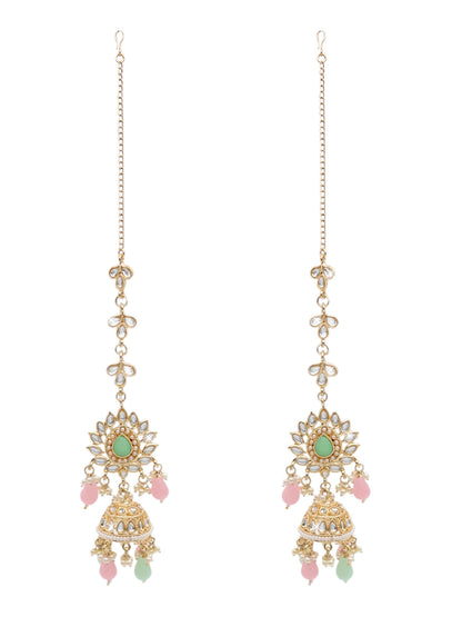 Handcrafted Gold Plated Design Traditional Ethnic Kundan,CZ, Pearl Studded Light Pink Meenakari Jhumka Earrings with Ear Chain for Women (SJE_44_LP)