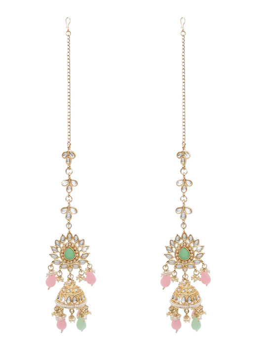 Handcrafted Gold Plated Design Traditional Ethnic Kundan,CZ, Pearl Studded Light Pink Meenakari Jhumka Earrings with Ear Chain for Women (SJE_44_LP)