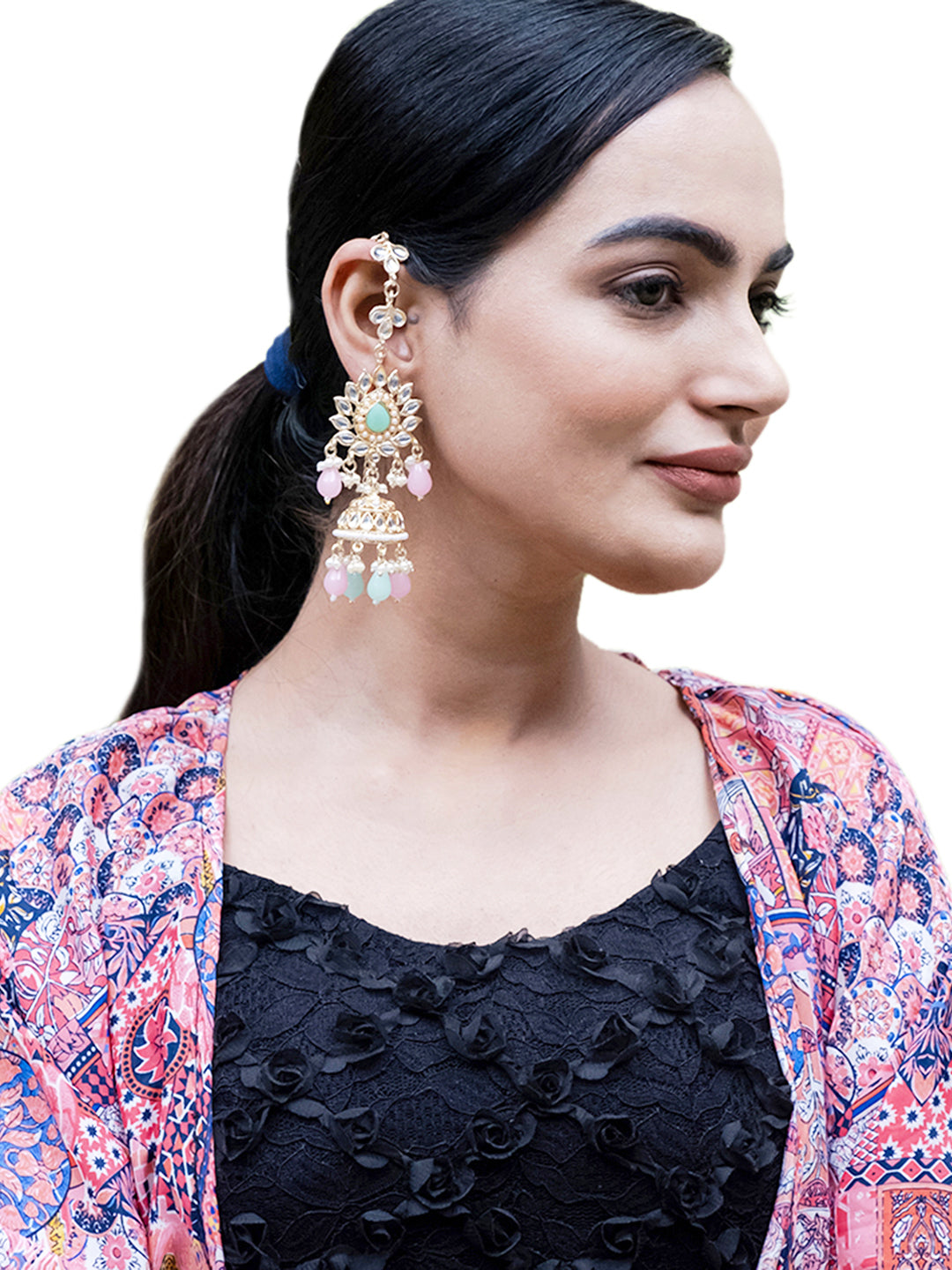 Handcrafted Gold Plated Design Traditional Ethnic Kundan,CZ, Pearl Studded Light Pink Meenakari Jhumka Earrings with Ear Chain for Women (SJE_44_LP)