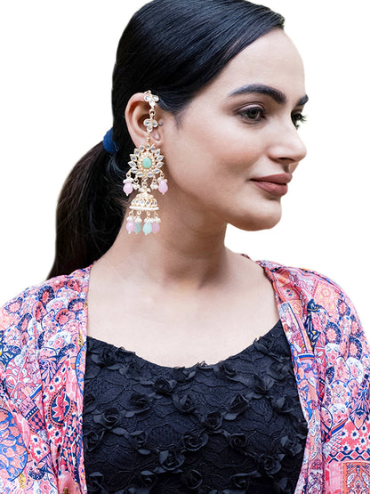 Handcrafted Gold Plated Design Traditional Ethnic Kundan,CZ, Pearl Studded Light Pink Meenakari Jhumka Earrings with Ear Chain for Women (SJE_44_LP)