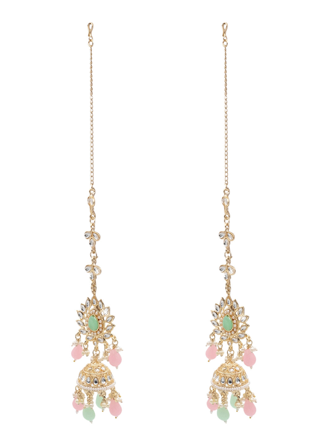 Handcrafted Gold Plated Design Traditional Ethnic Kundan,CZ, Pearl Studded Light Pink Meenakari Jhumka Earrings with Ear Chain for Women (SJE_44_LP)