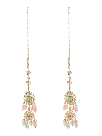 Handcrafted Gold Plated Design Traditional Ethnic Kundan,CZ, Pearl Studded Light Pink Meenakari Jhumka Earrings with Ear Chain for Women (SJE_44_LP)