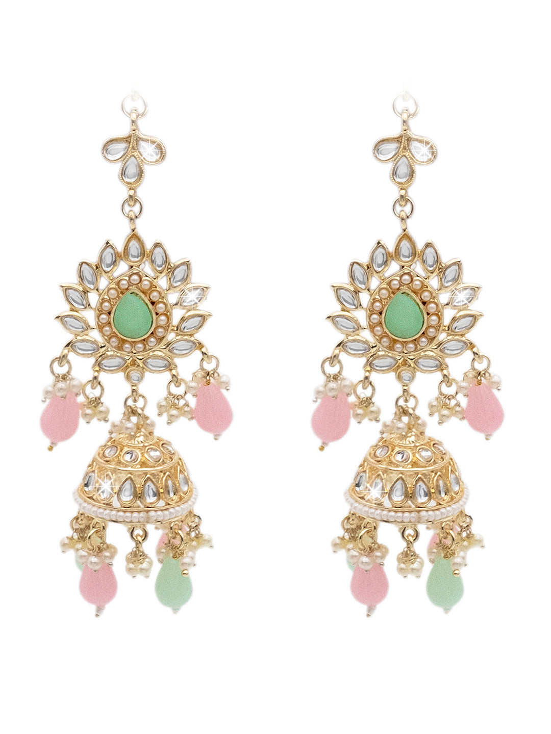 Handcrafted Gold Plated Design Traditional Ethnic Kundan,CZ, Pearl Studded Light Pink Meenakari Jhumka Earrings with Ear Chain for Women (SJE_44_LP)