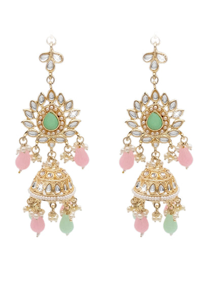 Handcrafted Gold Plated Design Traditional Ethnic Kundan,CZ, Pearl Studded Light Pink Meenakari Jhumka Earrings with Ear Chain for Women (SJE_44_LP)