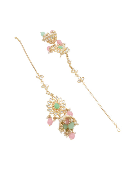 Handcrafted Gold Plated Design Traditional Ethnic Kundan,CZ, Pearl Studded Light Pink Meenakari Jhumka Earrings with Ear Chain for Women (SJE_44_LP)