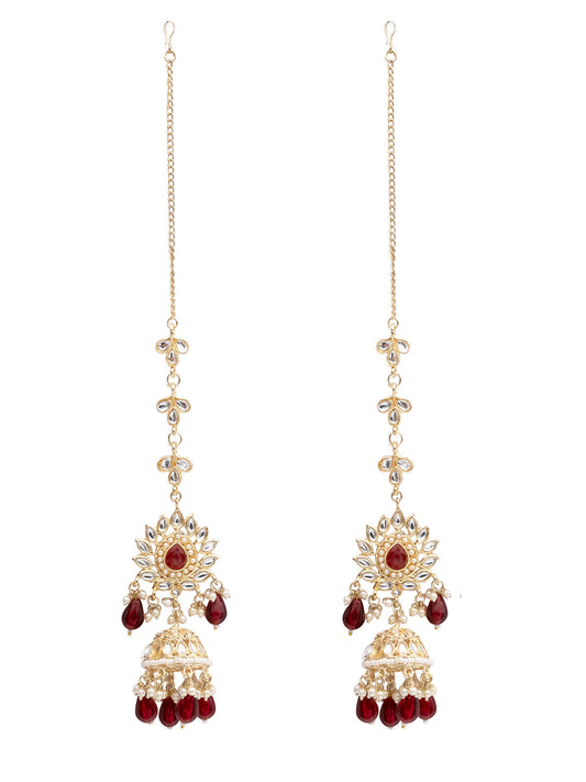 Handcrafted Gold Plated Design Traditional Ethnic Kundan,CZ, Pearl Studded Maroon Meenakari Jhumka Earrings with Ear Chain for Women (SJE_44_M)