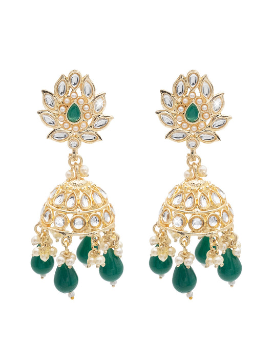 Handcrafted Gold Plated Design Traditional Ethnic Kundan, CZ, Pearl Studded Dark Green Meenakari Jhumka Earrings for Women (SJE_45_DG)