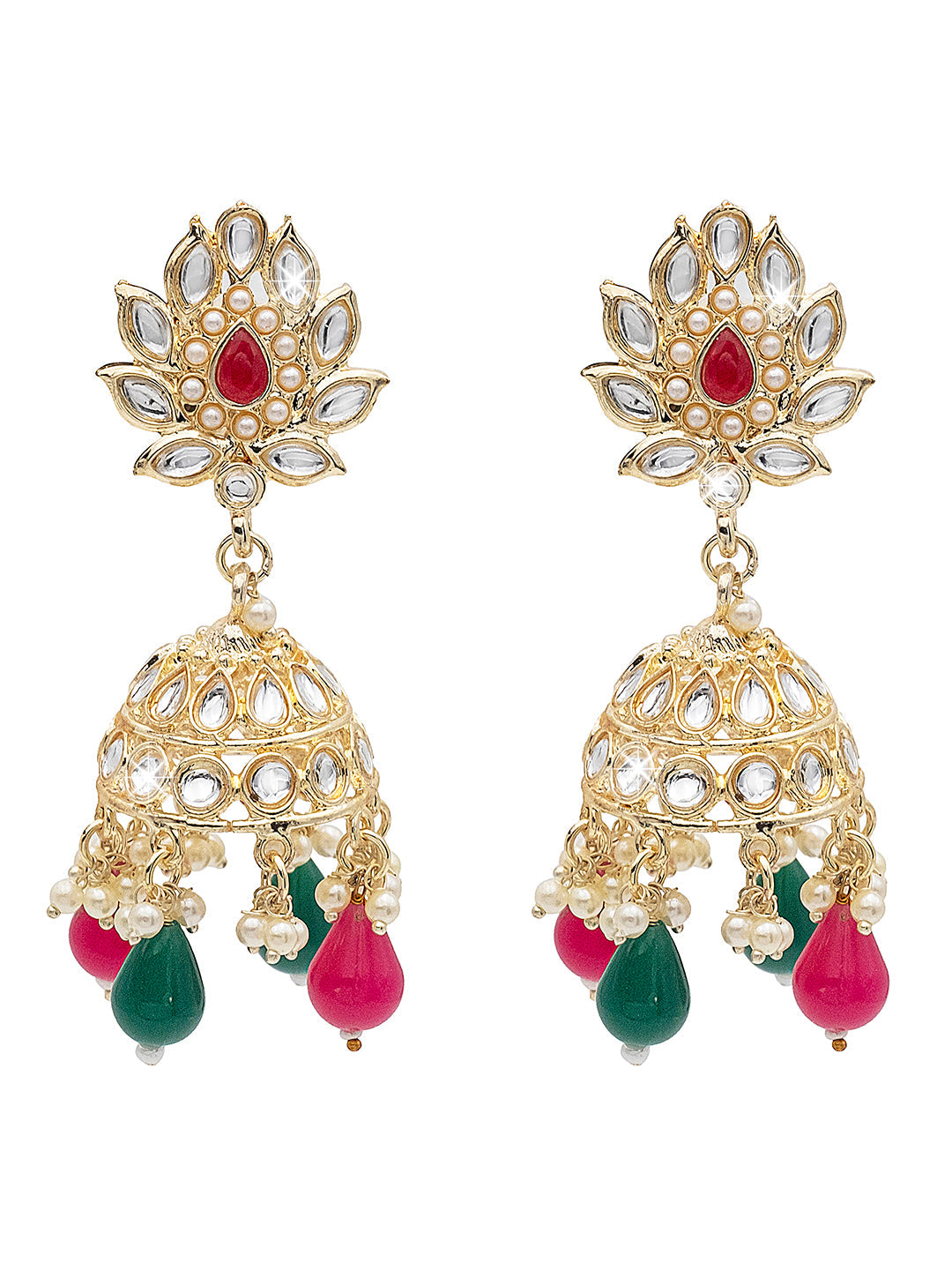 Handcrafted Gold Plated Design Traditional Ethnic Kundan, CZ, Pearl Studded Dark Pink Meenakari Jhumka Earrings for Women (SJE_45_DP)