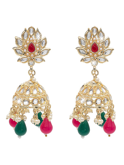 Handcrafted Gold Plated Design Traditional Ethnic Kundan, CZ, Pearl Studded Dark Pink Meenakari Jhumka Earrings for Women (SJE_45_DP)