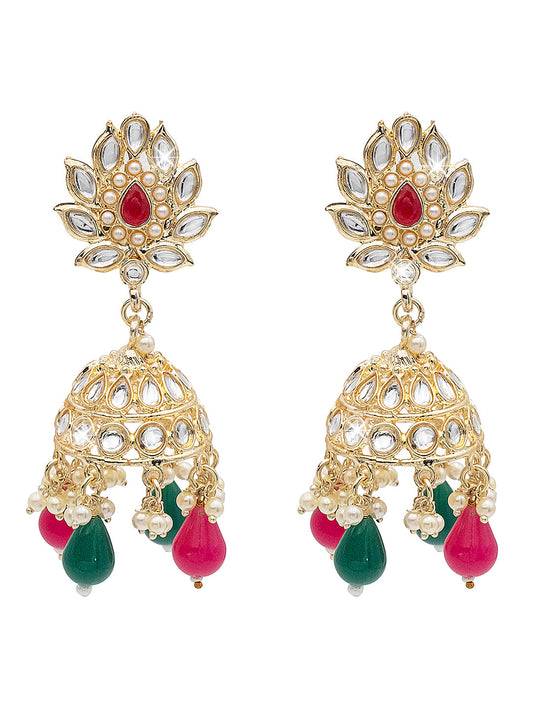 Handcrafted Gold Plated Design Traditional Ethnic Kundan, CZ, Pearl Studded Dark Pink Meenakari Jhumka Earrings for Women (SJE_45_DP)