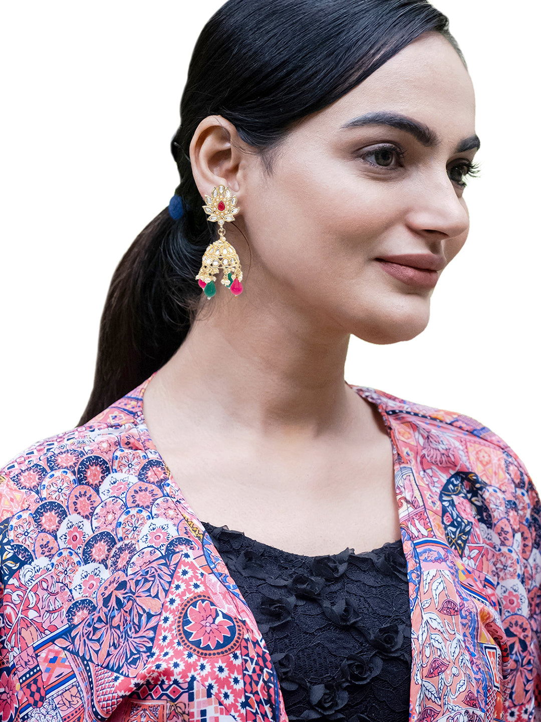 Handcrafted Gold Plated Design Traditional Ethnic Kundan, CZ, Pearl Studded Dark Pink Meenakari Jhumka Earrings for Women (SJE_45_DP)