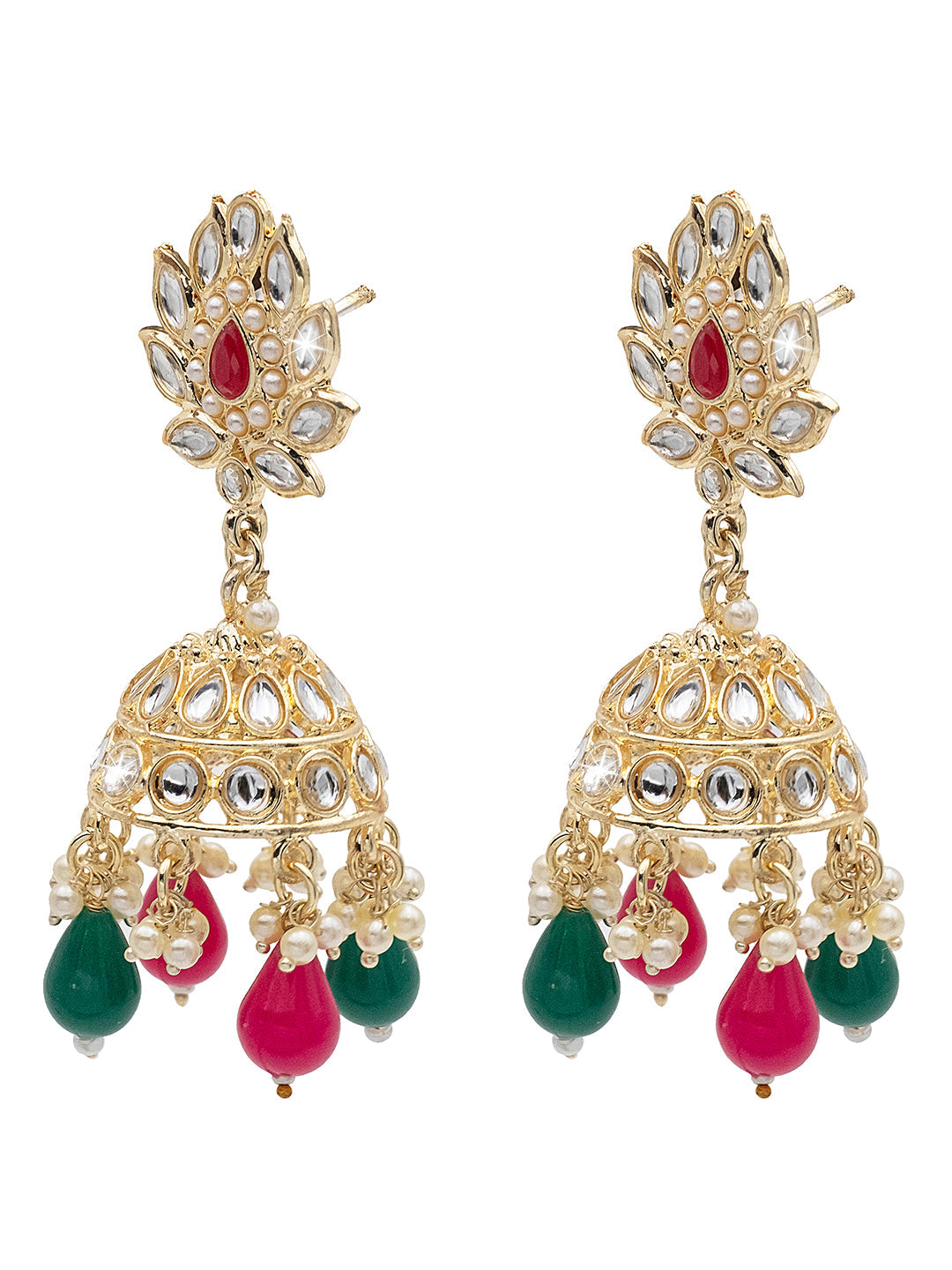 Handcrafted Gold Plated Design Traditional Ethnic Kundan, CZ, Pearl Studded Dark Pink Meenakari Jhumka Earrings for Women (SJE_45_DP)