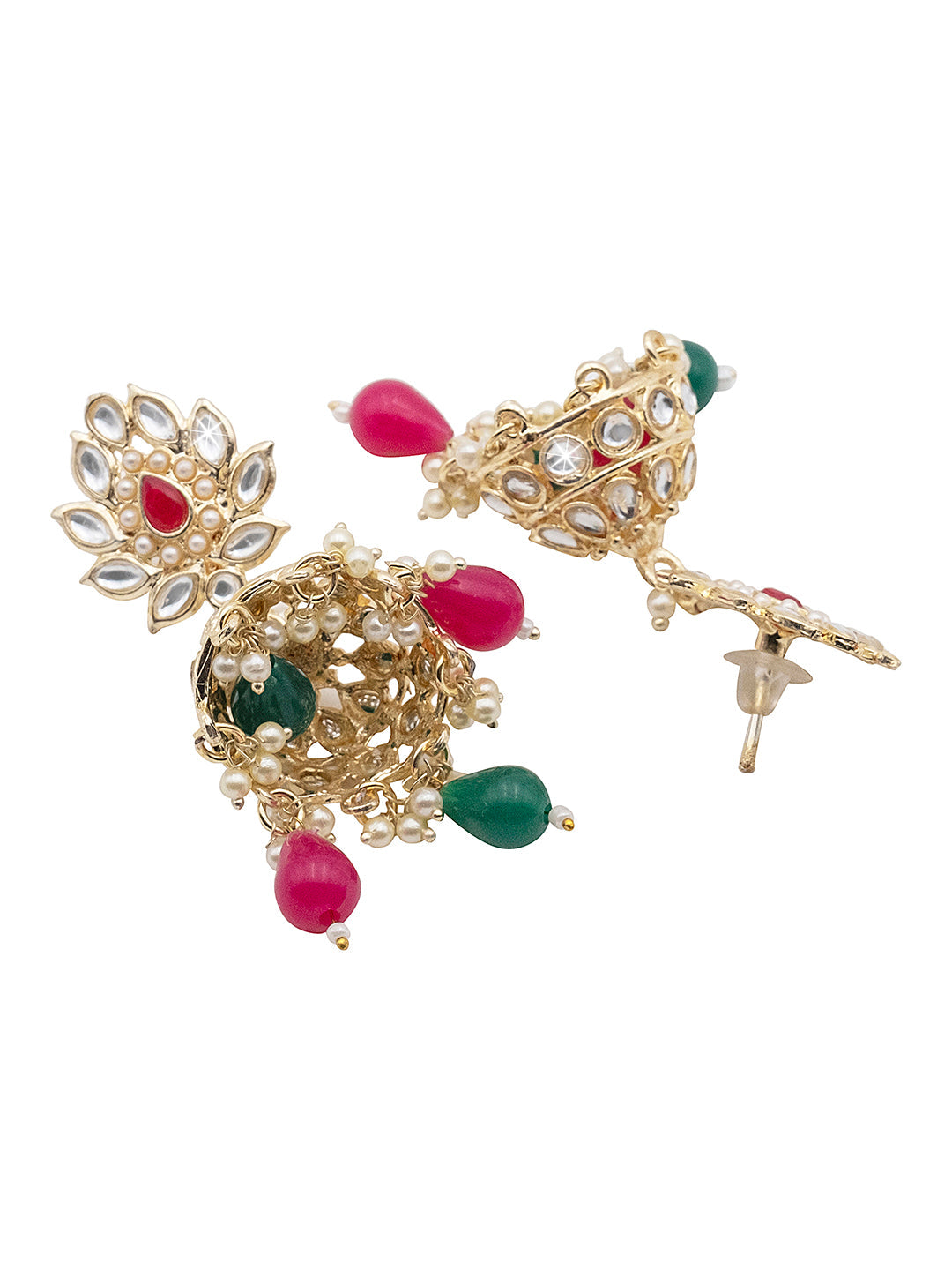Handcrafted Gold Plated Design Traditional Ethnic Kundan, CZ, Pearl Studded Dark Pink Meenakari Jhumka Earrings for Women (SJE_45_DP)