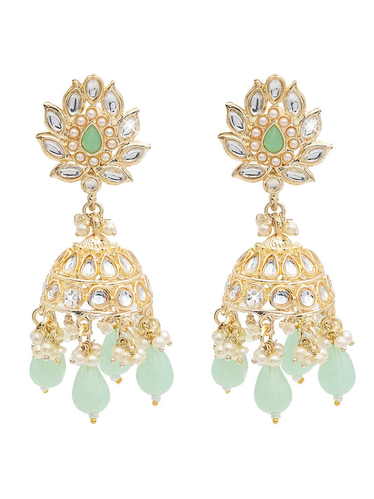 Handcrafted Gold Plated Design Traditional Ethnic Kundan, CZ, Pearl Studded Dark Green Meenakari Jhumka Earrings for Women (SJE_45_LG)