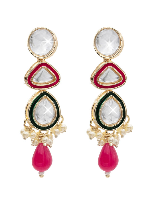 Handcrafted Gold Plated Design Traditional Ethnic Kundan,CZ, Pearl Studded Dark Pink Meenakari Earrings for Women (SJE_46_D1_DP)