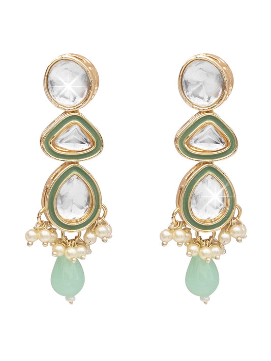 Handcrafted Gold Plated Design Traditional Ethnic Kundan,CZ, Pearl Studded Light Green Meenakari Earrings for Women (SJE_46_D1_LG)