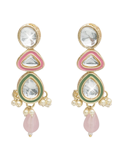 Handcrafted Gold Plated Design Traditional Ethnic Kundan,CZ, Pearl Studded Light Pink Meenakari Earrings for Women (SJE_46_D1_LP)