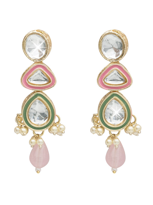 Handcrafted Gold Plated Design Traditional Ethnic Kundan,CZ, Pearl Studded Light Pink Meenakari Earrings for Women (SJE_46_D1_LP)