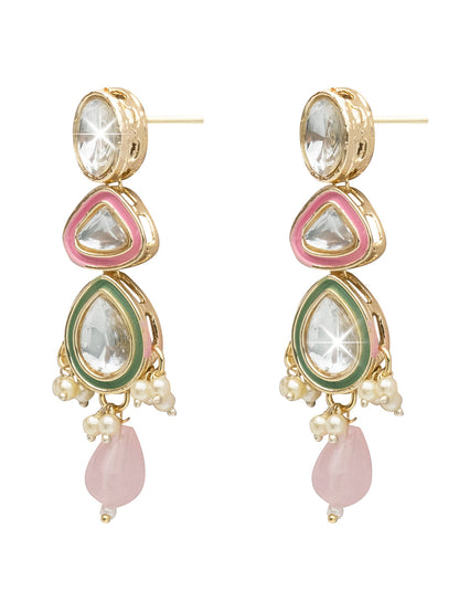 Handcrafted Gold Plated Design Traditional Ethnic Kundan,CZ, Pearl Studded Light Pink Meenakari Earrings for Women (SJE_46_D1_LP)