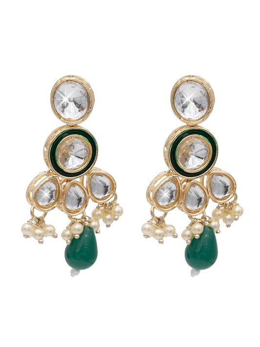 Handcrafted Gold Plated Design Traditional Ethnic Kundan,CZ, Pearl Studded Dark Green Meenakari Earrings for Women (SJE_46_D2_DG)