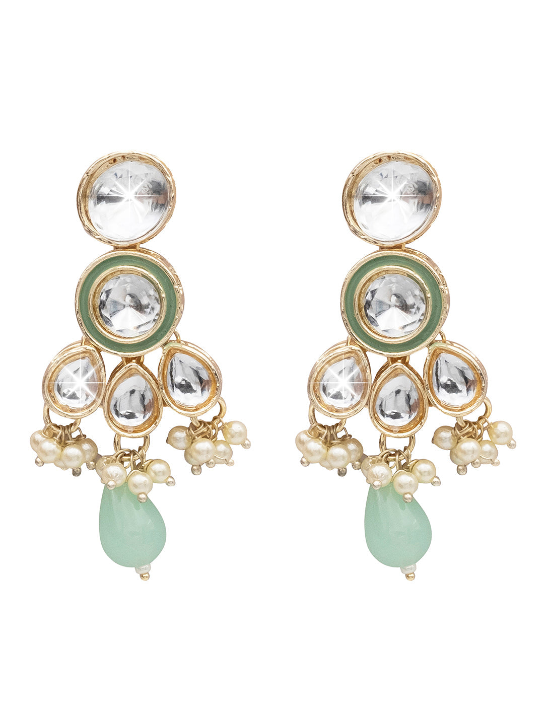 Handcrafted Gold Plated Design Traditional Ethnic Kundan,CZ, Pearl Studded Light Green Meenakari Earrings for Women (SJE_46_D2_LG)