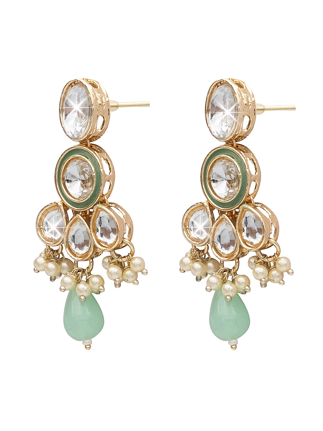 Handcrafted Gold Plated Design Traditional Ethnic Kundan,CZ, Pearl Studded Light Green Meenakari Earrings for Women (SJE_46_D2_LG)