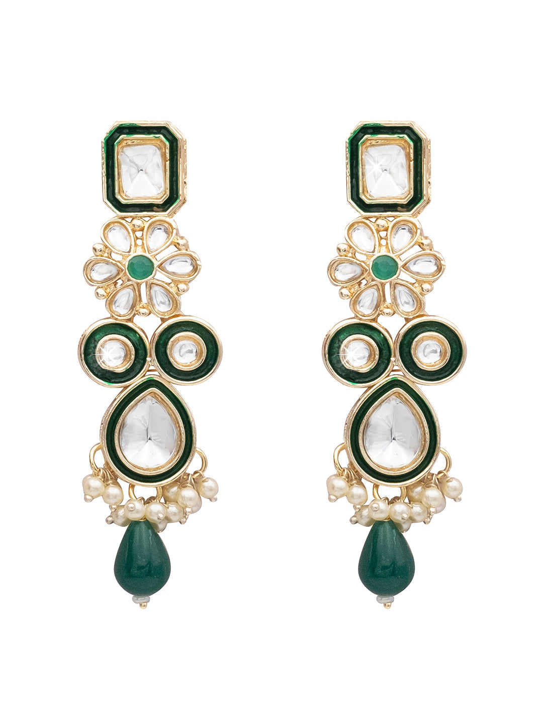 Handcrafted Gold Plated Floral Design Traditional Ethnic Kundan, Pearl Studded Dark Green Meenakari Earrings for Women (SJE_46_D3_DG)
