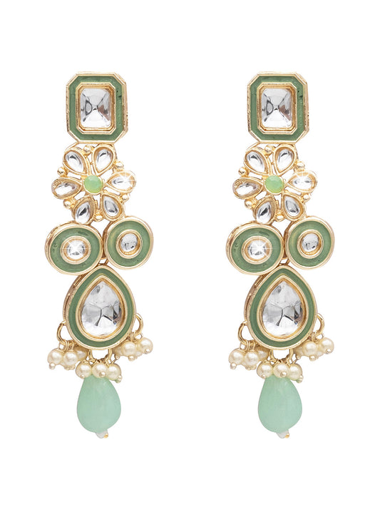 Handcrafted Gold Plated Floral Design Traditional Ethnic Kundan, Pearl Studded Light Green Meenakari Earrings for Women (SJE_46_D3_LG)