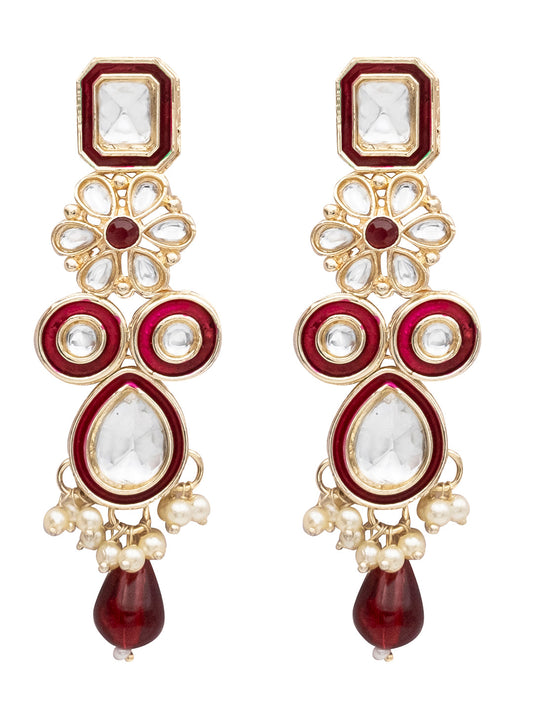 Handcrafted Gold Plated Floral Design Traditional Ethnic Kundan, Pearl Studded Maroon Meenakari Earrings for Women (SJE_46_D3_M)