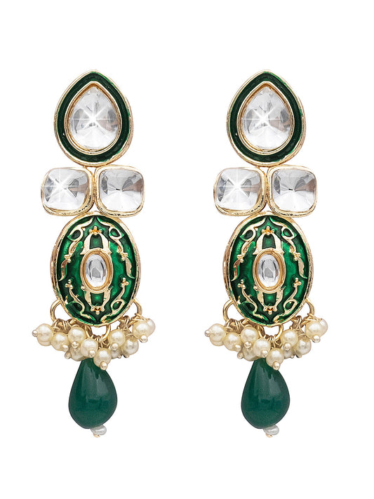 Handcrafted Gold Plated Design Traditional Ethnic Kundan,CZ, Pearl Studded Dark Green Meenakari Earrings for Women (SJE_46_D4_DG)